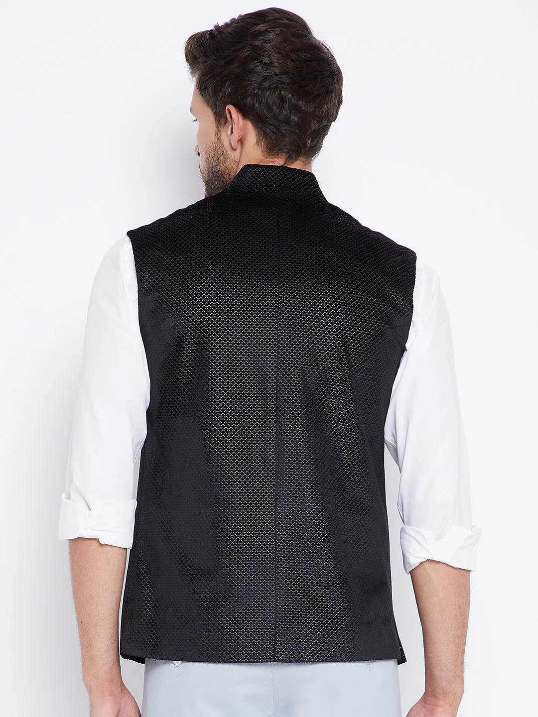 Black Printed Mandarin Waistcoat
