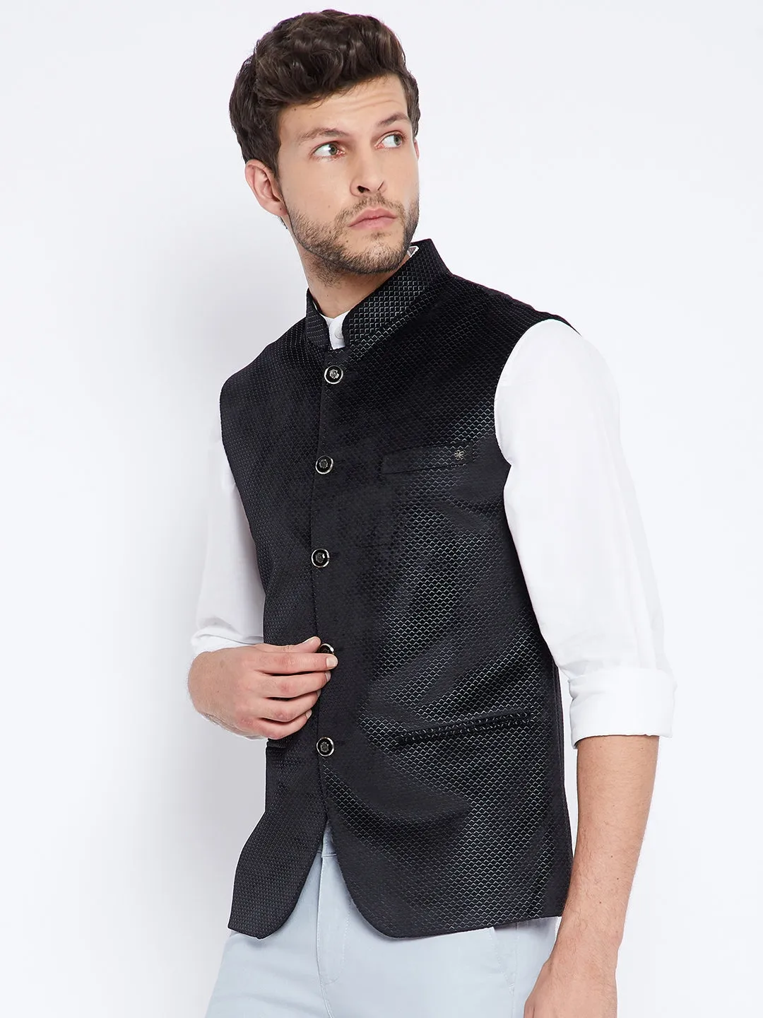 Black Printed Mandarin Waistcoat