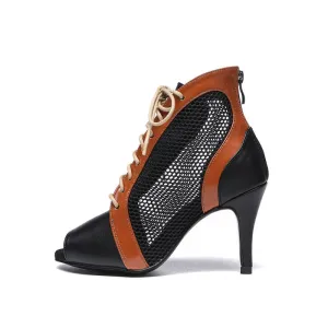 Black Tan Leather Peep Toe Mesh Hollow Out Ankle Boots