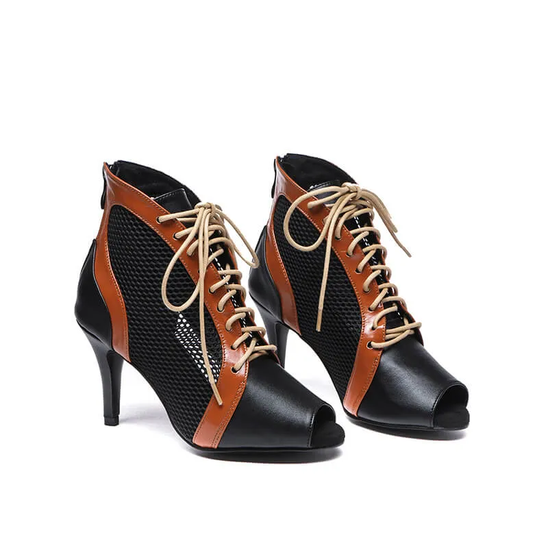 Black Tan Leather Peep Toe Mesh Hollow Out Ankle Boots
