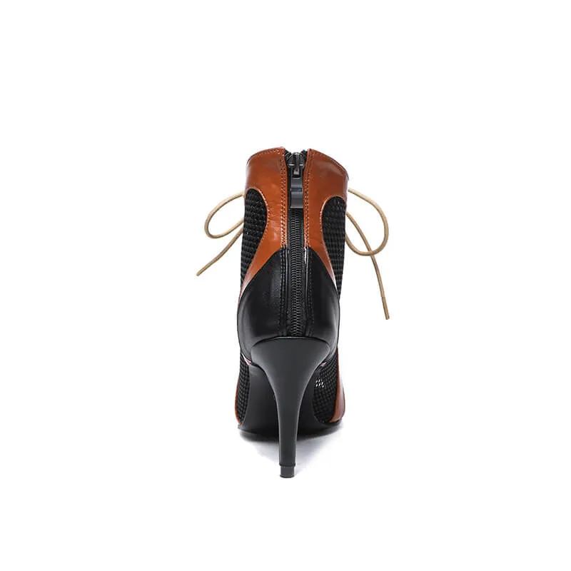 Black Tan Leather Peep Toe Mesh Hollow Out Ankle Boots