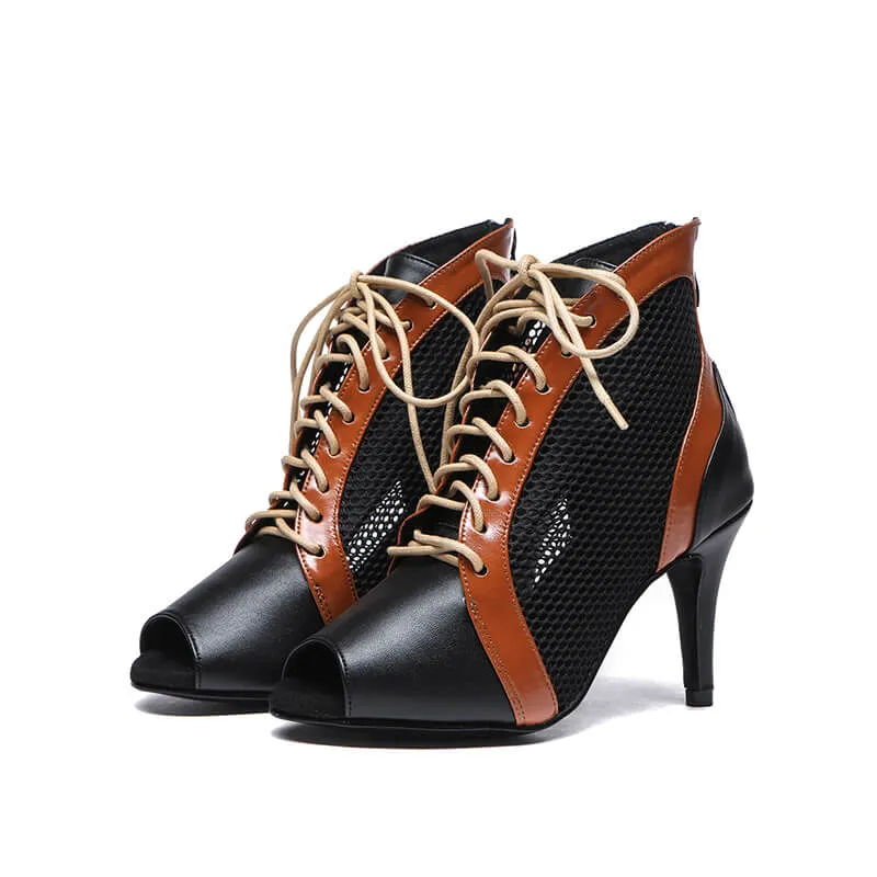 Black Tan Leather Peep Toe Mesh Hollow Out Ankle Boots