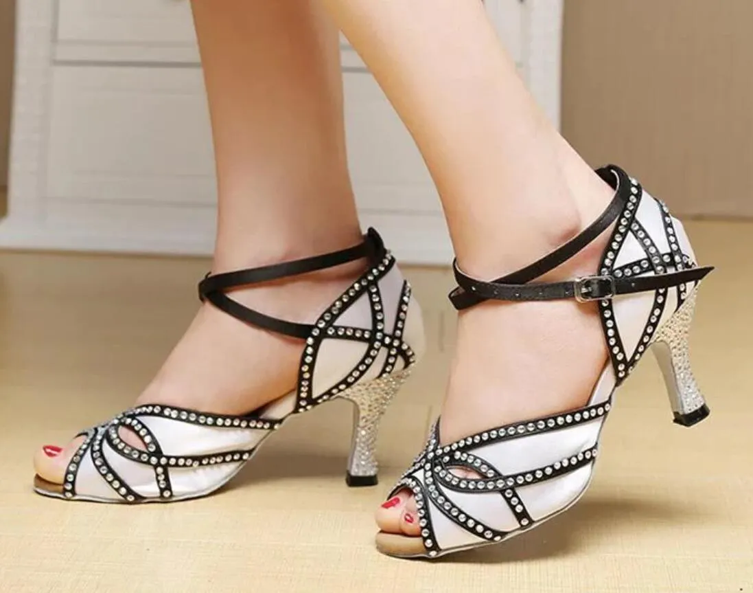 Black&White Rhinestone Ballroom Dance Shoes Latin Salsa Bachata Dance Heels