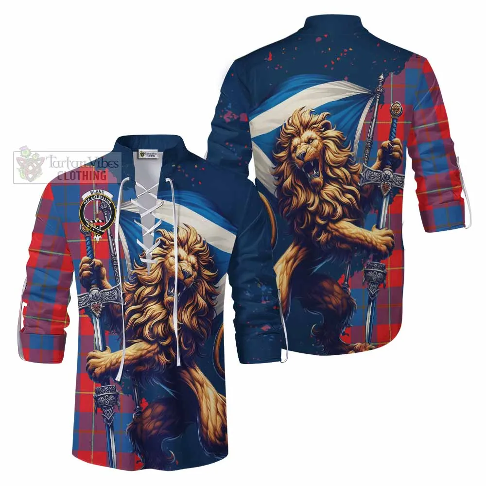 Blane Tartan Family Crest Ghillie Kilt Shirt with Scottish Majestic Lion