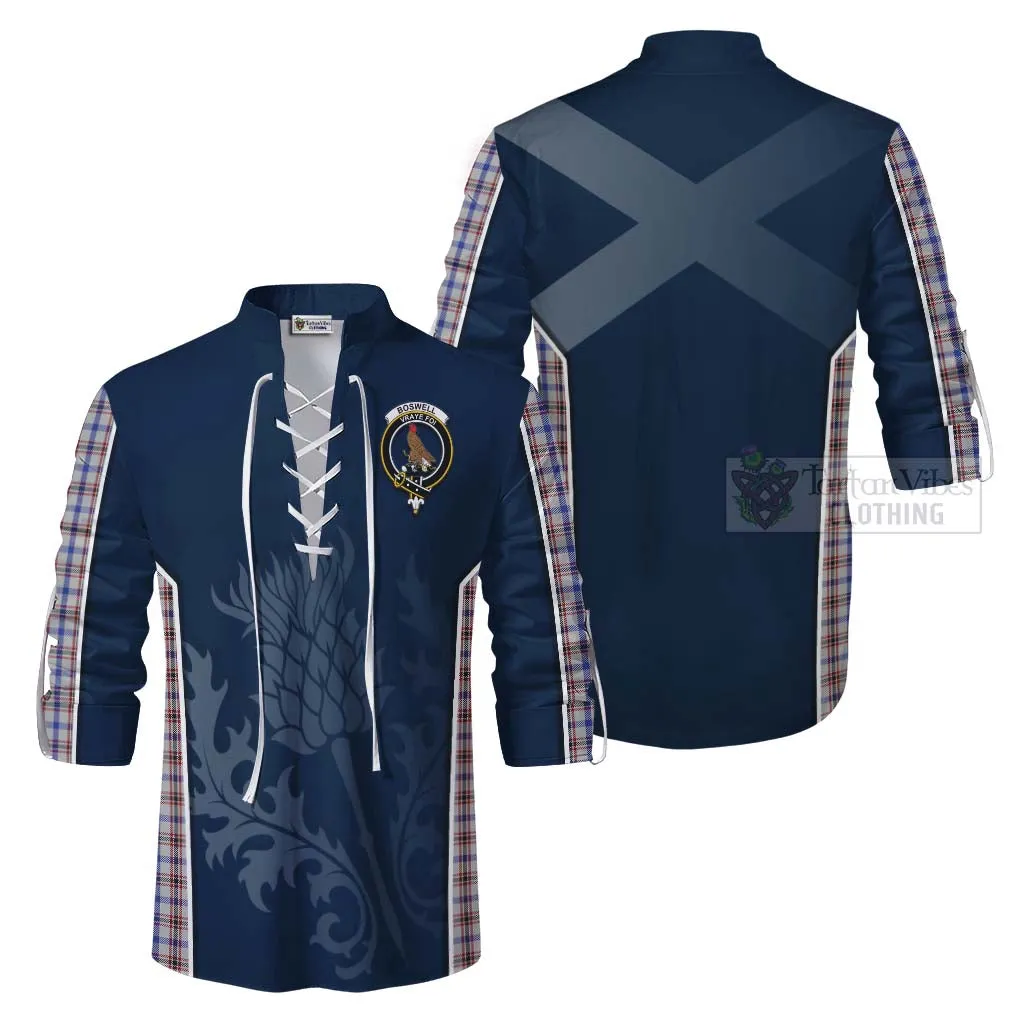 Boswell Tartan Ghillie Kilt Shirt with Family Crest and Scottish Thistle Vibes Sport Style