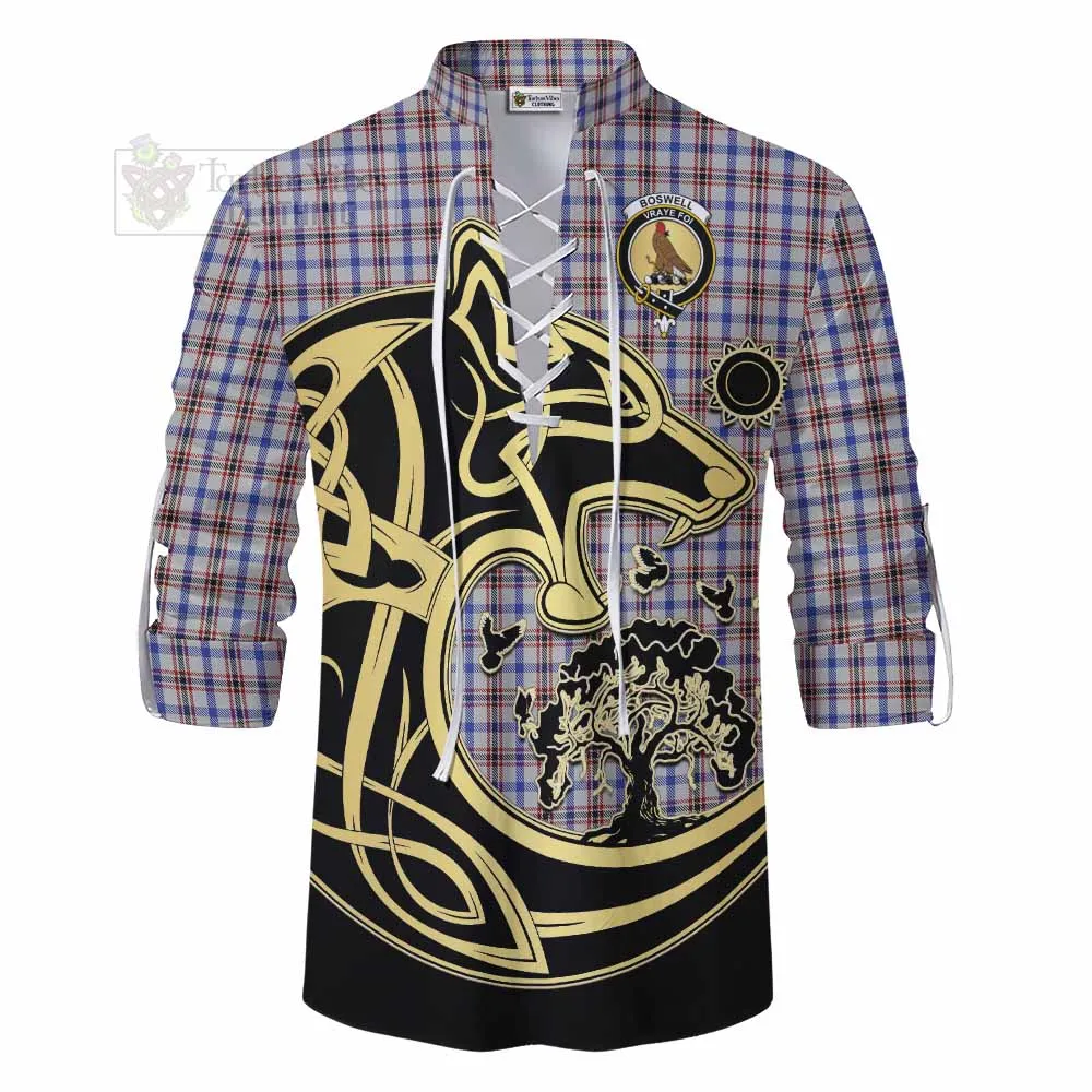 Boswell Tartan Ghillie Kilt Shirt with Family Crest Celtic Wolf Style