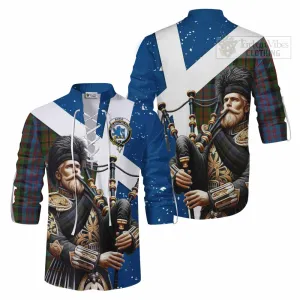 Bowie Tartan Ghillie Kilt Shirt with Family Crest Scottish Bagpiper Vibes