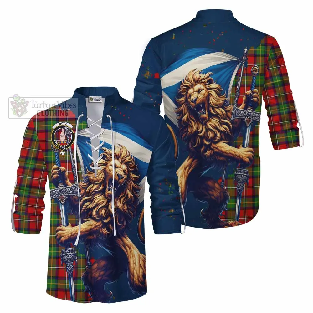 Boyd Tartan Family Crest Ghillie Kilt Shirt with Scottish Majestic Lion