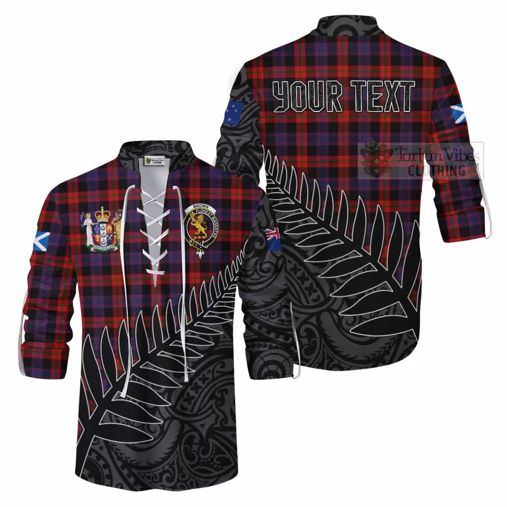 Brown (Broun) Crest Tartan Ghillie Kilt Shirt with New Zealand Silver Fern Half Style