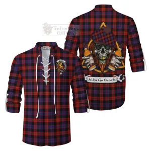 Brown (Broun) Tartan Ghillie Kilt Shirt with Family Crest and Bearded Skull Holding Bottles of Whiskey