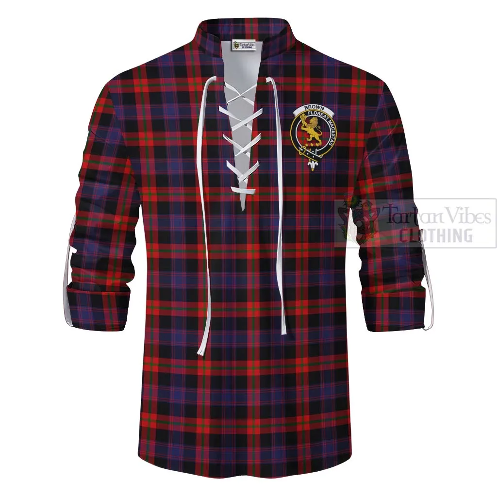 Brown (Broun) Tartan Ghillie Kilt Shirt with Family Crest and Bearded Skull Holding Bottles of Whiskey