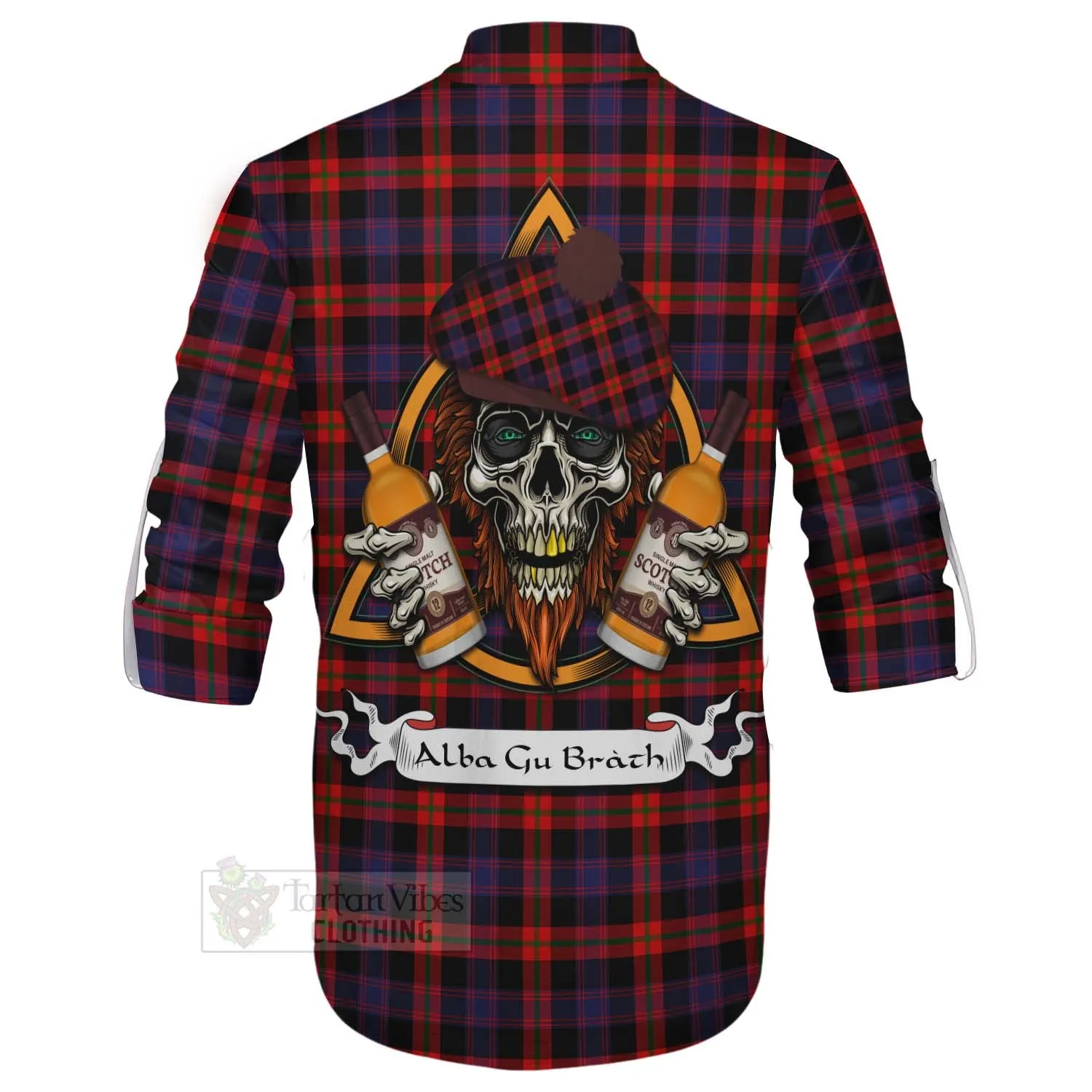 Brown (Broun) Tartan Ghillie Kilt Shirt with Family Crest and Bearded Skull Holding Bottles of Whiskey
