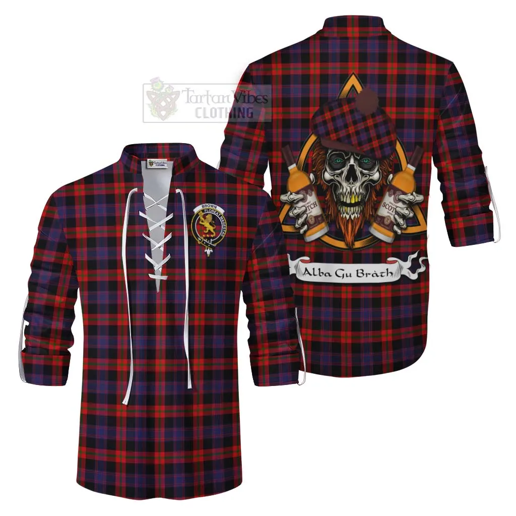 Brown (Broun) Tartan Ghillie Kilt Shirt with Family Crest and Bearded Skull Holding Bottles of Whiskey