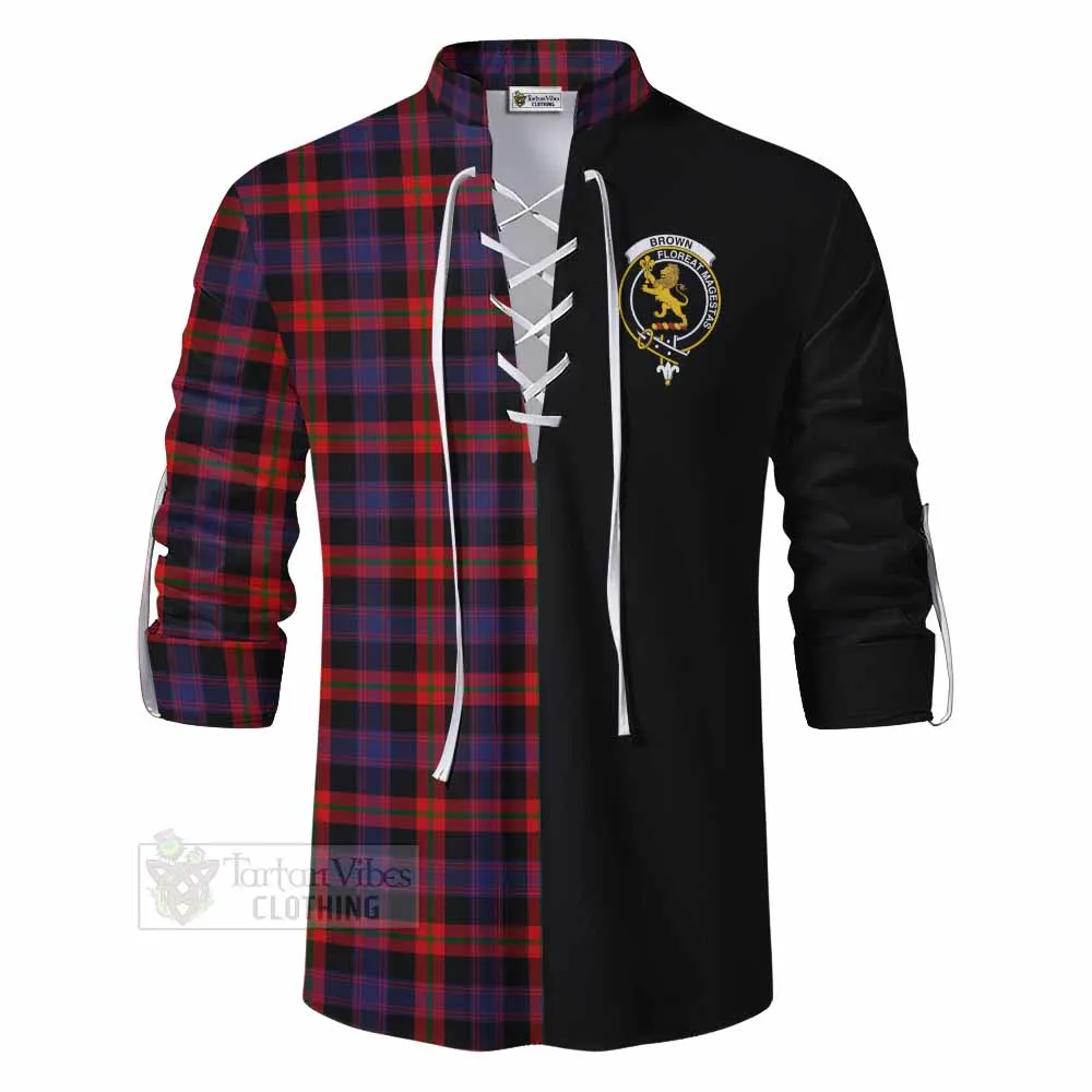 Brown (Broun) Tartan Ghillie Kilt Shirt with Family Crest and Half Of Me Style