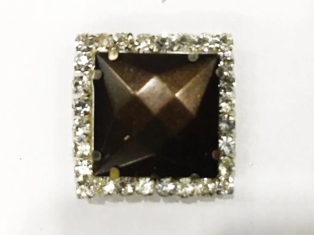 Brown Square Plastic Stone with Crystal Frame (32x32 mm)