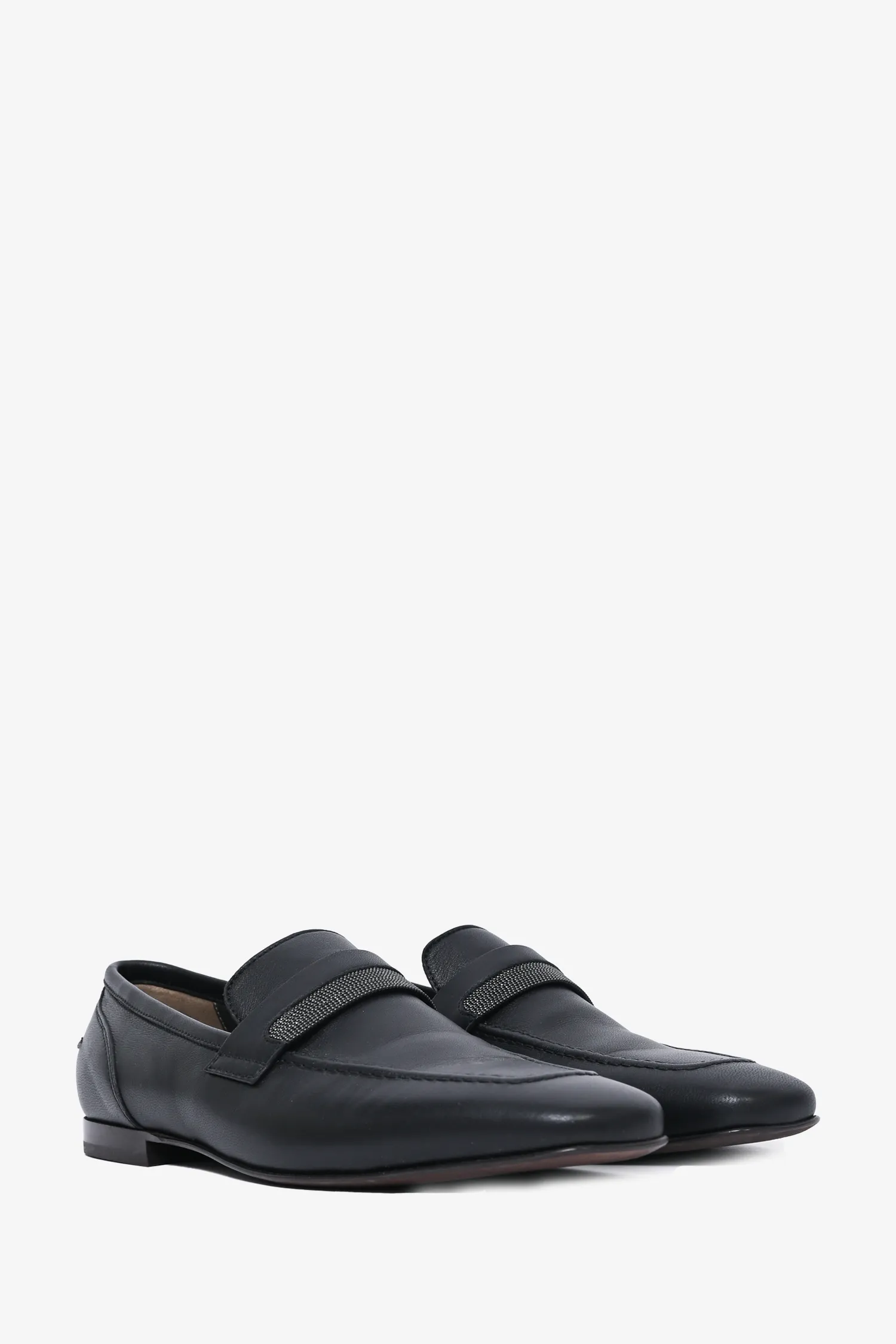 Brunello Cucinelli Black Leather Loafers with Beaded Detail Size 39.5