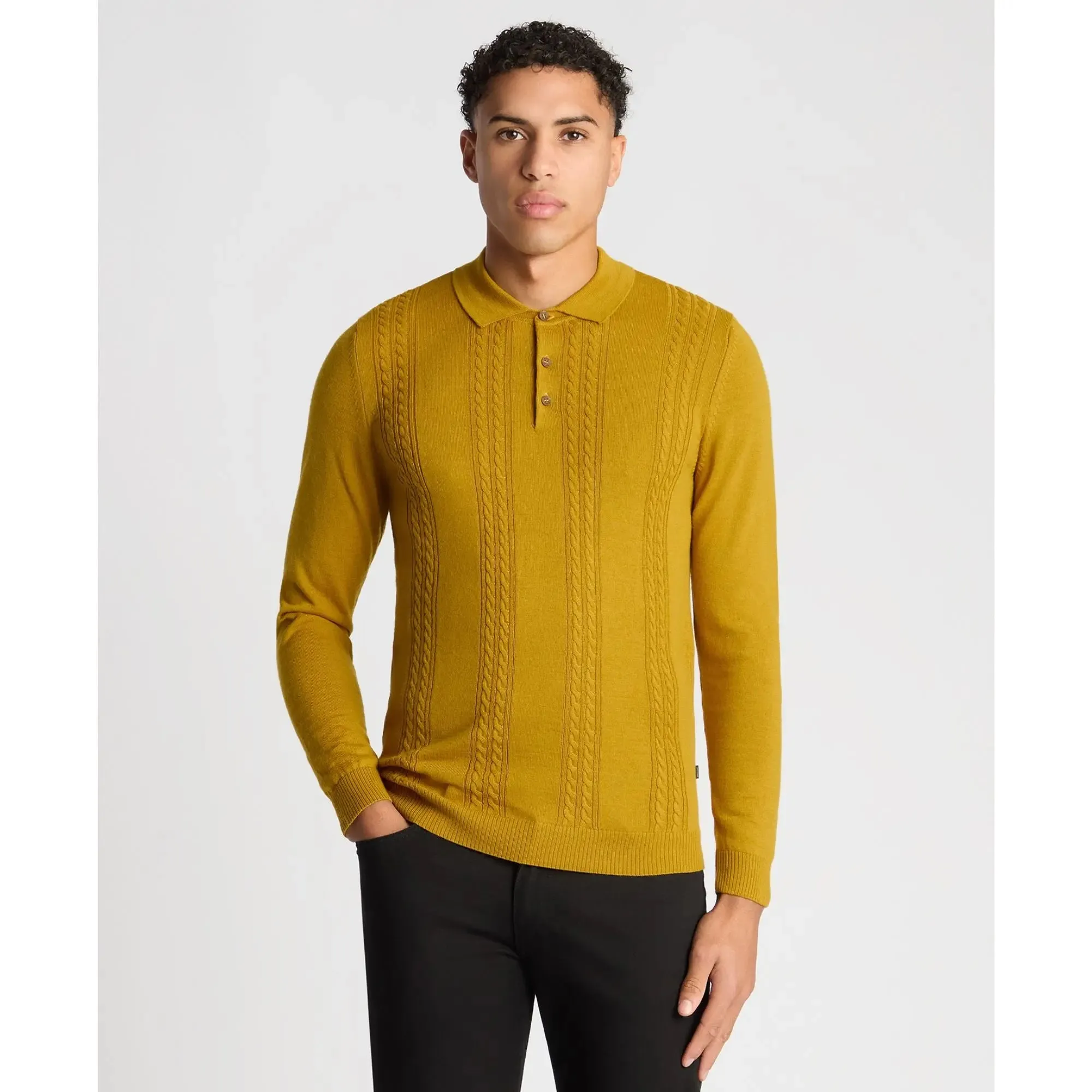 Cable Knit Long-Sleeve Polo - Yellow
