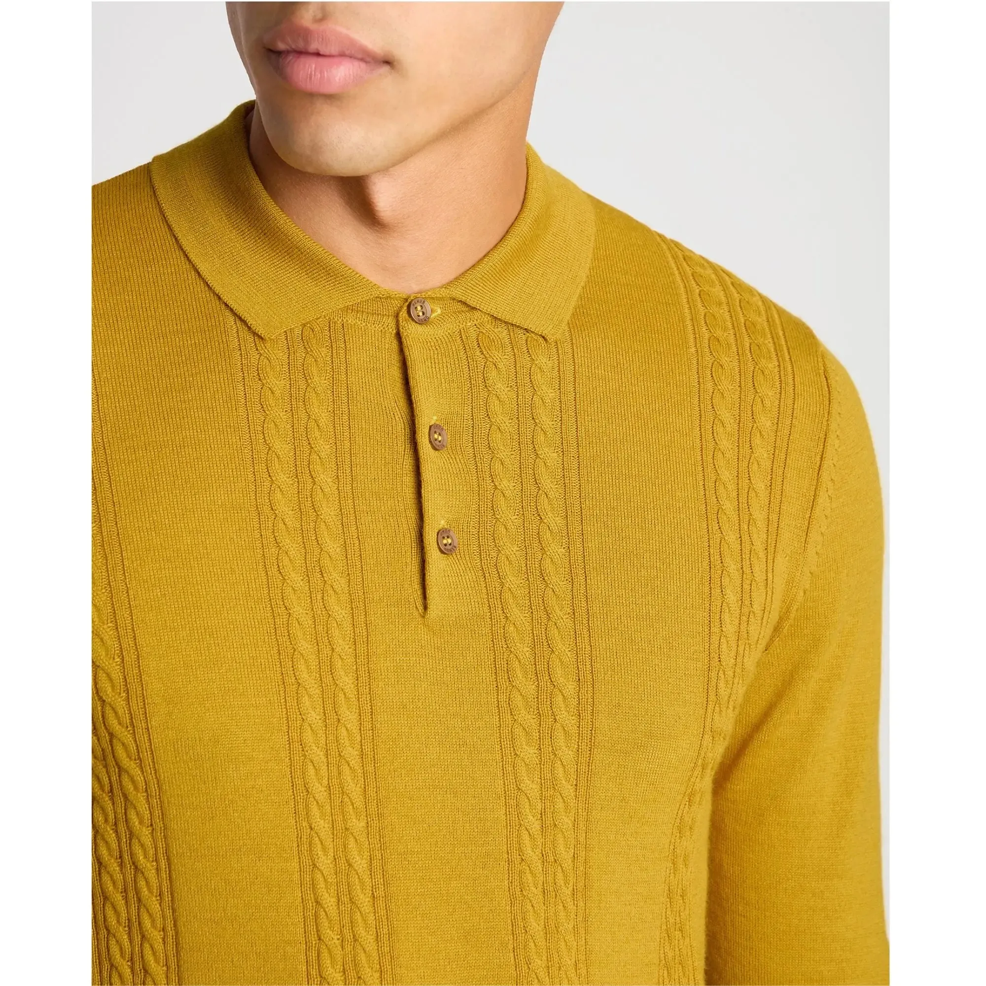 Cable Knit Long-Sleeve Polo - Yellow