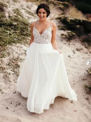 Classic Spaghetti Beaded Chiffon Ivory Country Wedding Gown PW247
