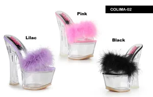 Clear Thick Heel Shoes with Feather Accent