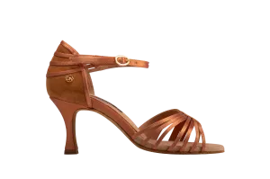 Dance Naturals 203 Repubblica Brown Satin/Brown Suede Latin Shoe with Trim on Heel and 7-Strap Vamp