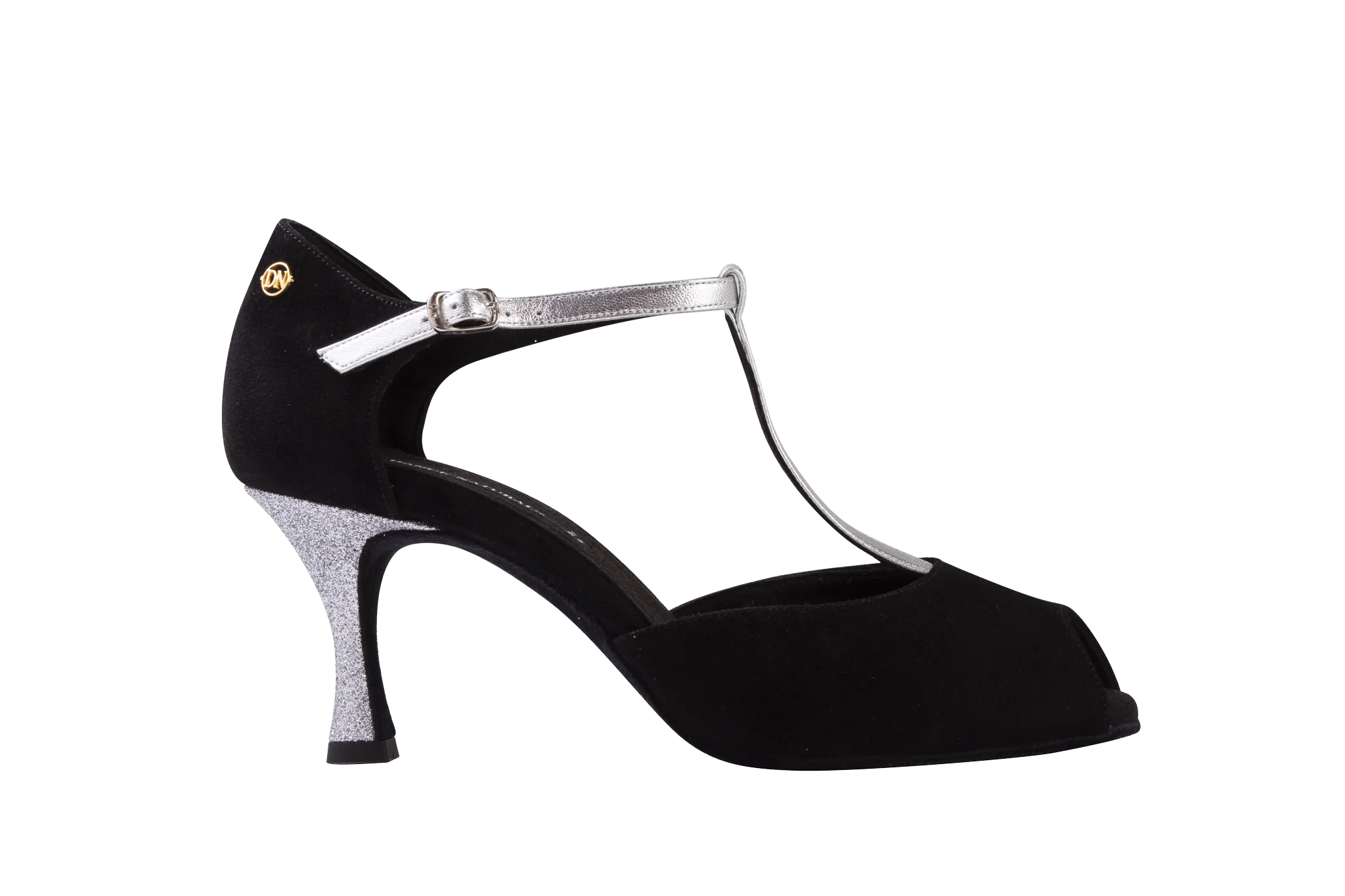 Dance Naturals Pellestrina Ladies Black Suede/Silver Platinum Tango Dance Shoe with T-Bar Strap and Glitter Heel