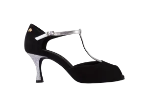 Dance Naturals Pellestrina Ladies Black Suede/Silver Platinum Tango Dance Shoe with T-Bar Strap and Glitter Heel