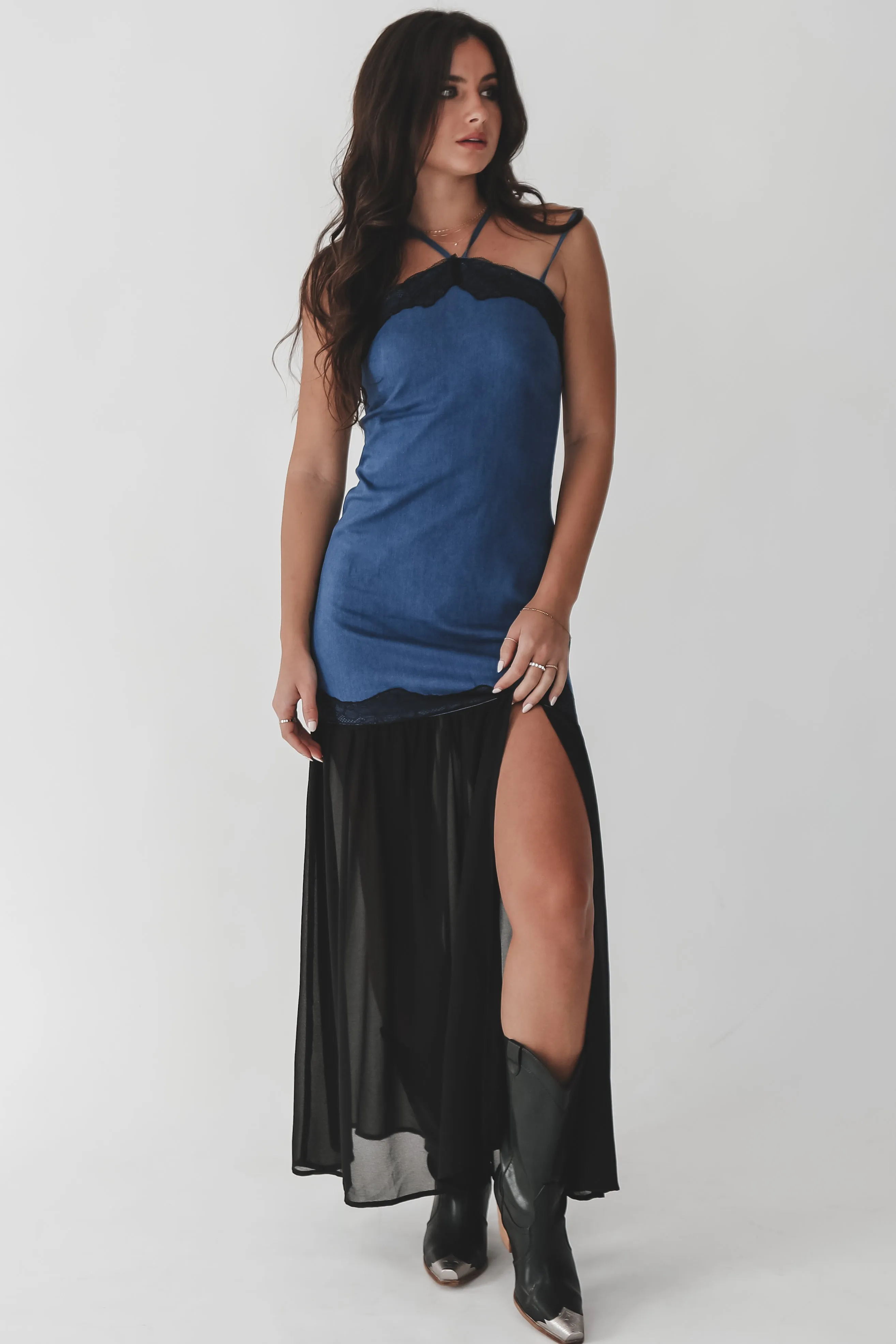 Dance With You Denim Sheer Maxi Dress