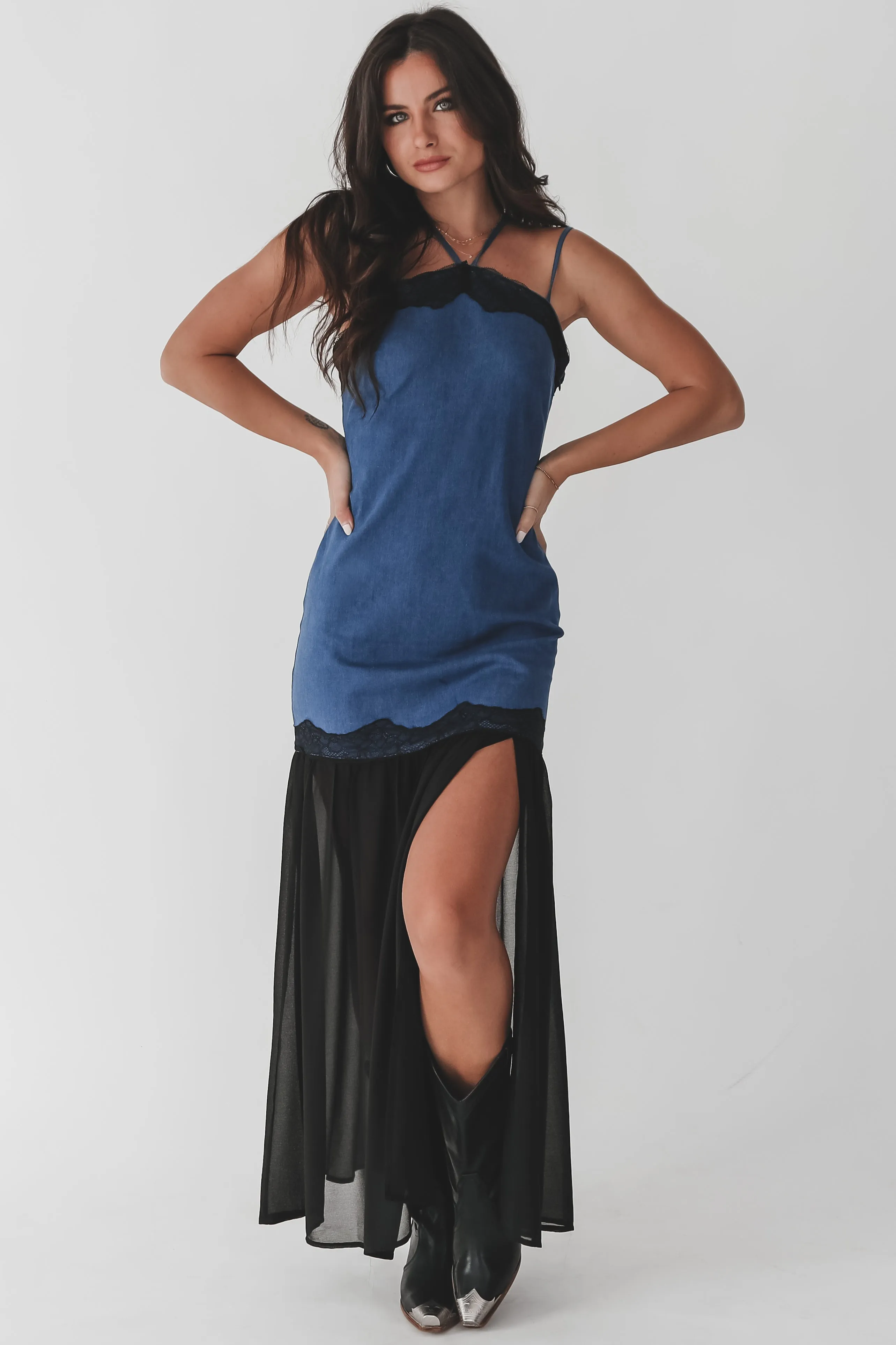 Dance With You Denim Sheer Maxi Dress