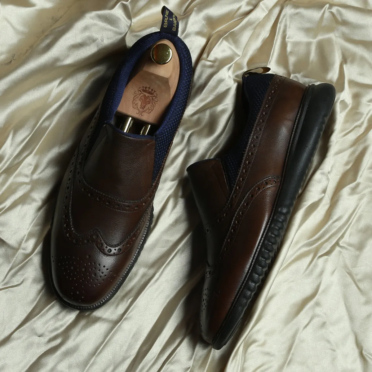 Dark Brown Leather Blue Mesh Light Weight Slip-On Shoes by Brune & Bareskin