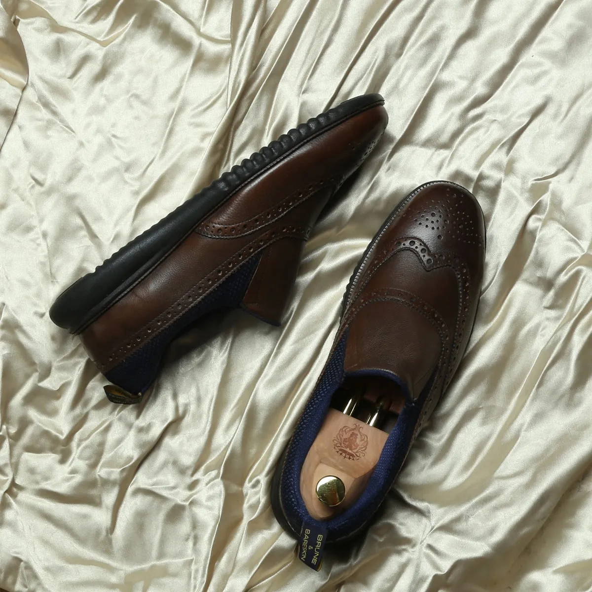 Dark Brown Leather Blue Mesh Light Weight Slip-On Shoes by Brune & Bareskin