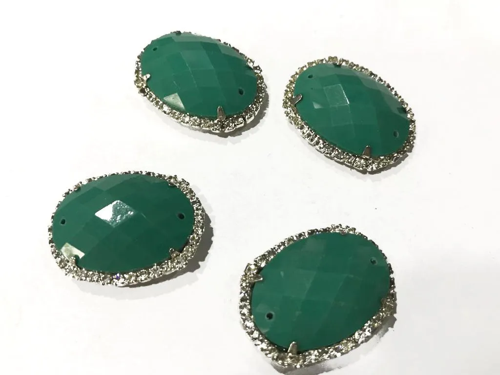 Dark Green Oval Plastic Stone with Crystal Frame (22x28 mm)
