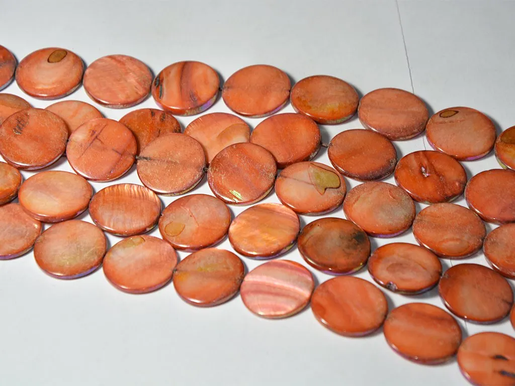 Dark Orange Flat Circular Designer Glass Shell Beads- 20 mm