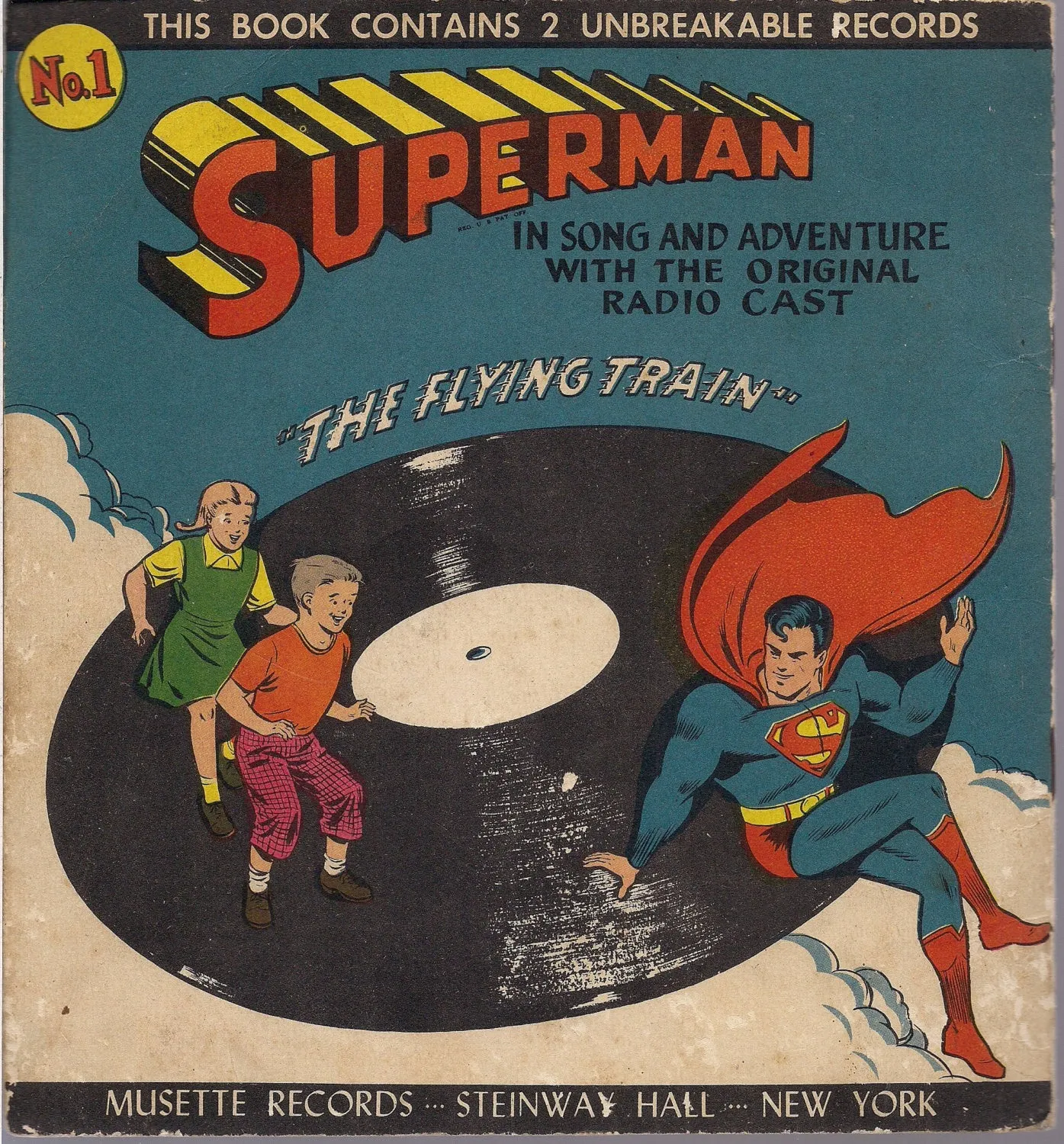 DC Comics SUPERMAN, 1947,The Flying Train, Record Set, Musette Records, Bud Collyer, Siegel & Joe Shuster,National Periodical Publications