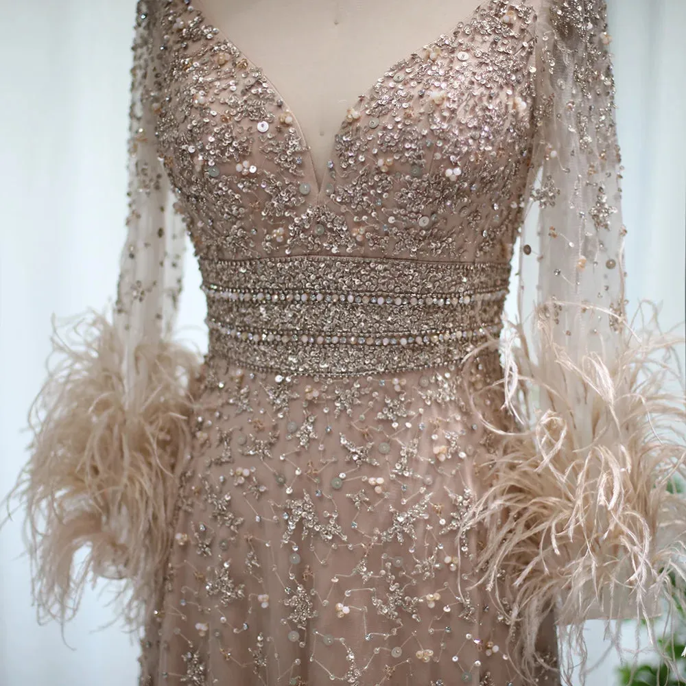 Elegant Champagne Feathers Long Sleeves Evening Dresses Luxury Dubai Beaded Muslim Women Wedding Formal Party Gowns
