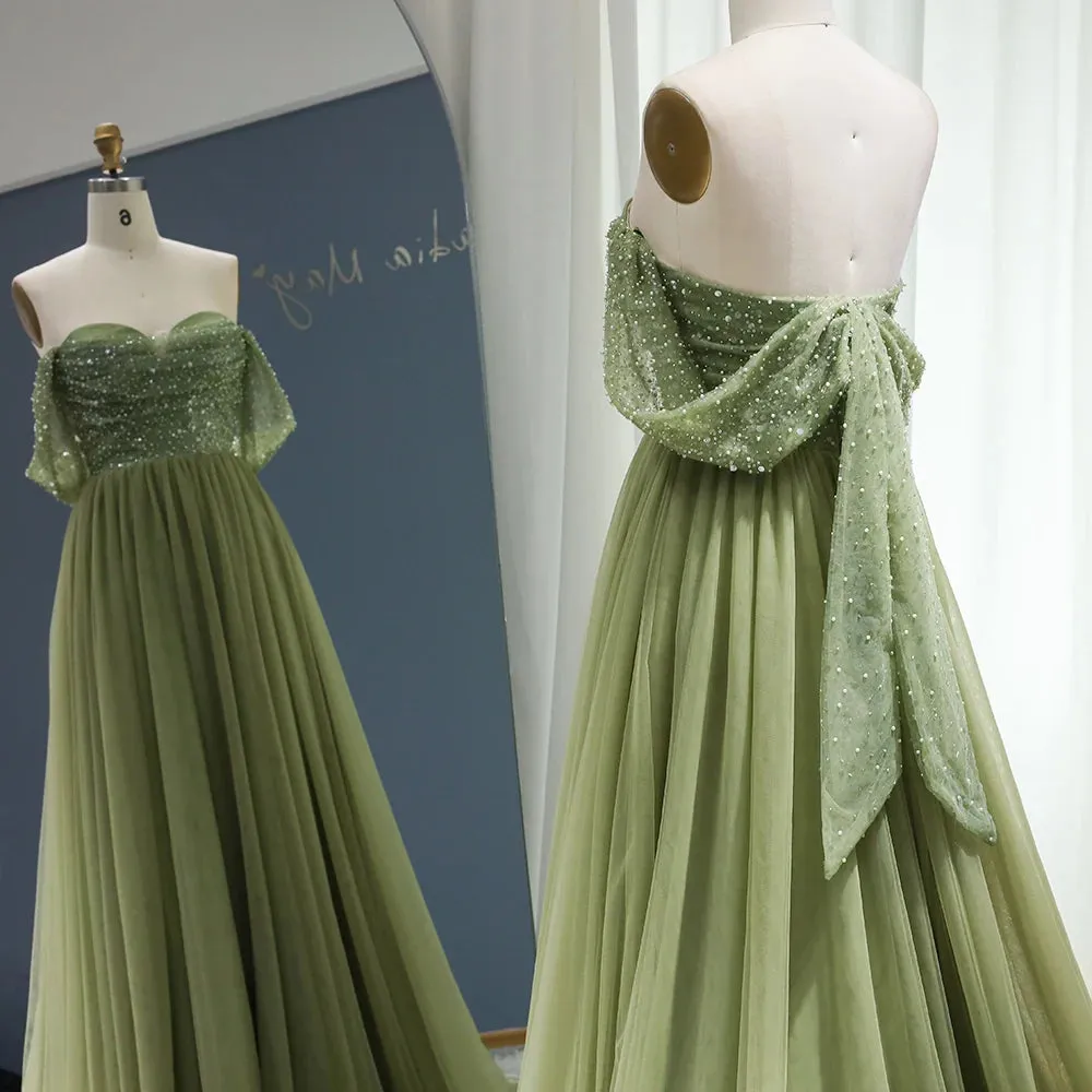Elegant Off Shoulder Sage Evening Dresses for Women Wedding Guest Luxury Beaded Arabic Long Formal Party Gown