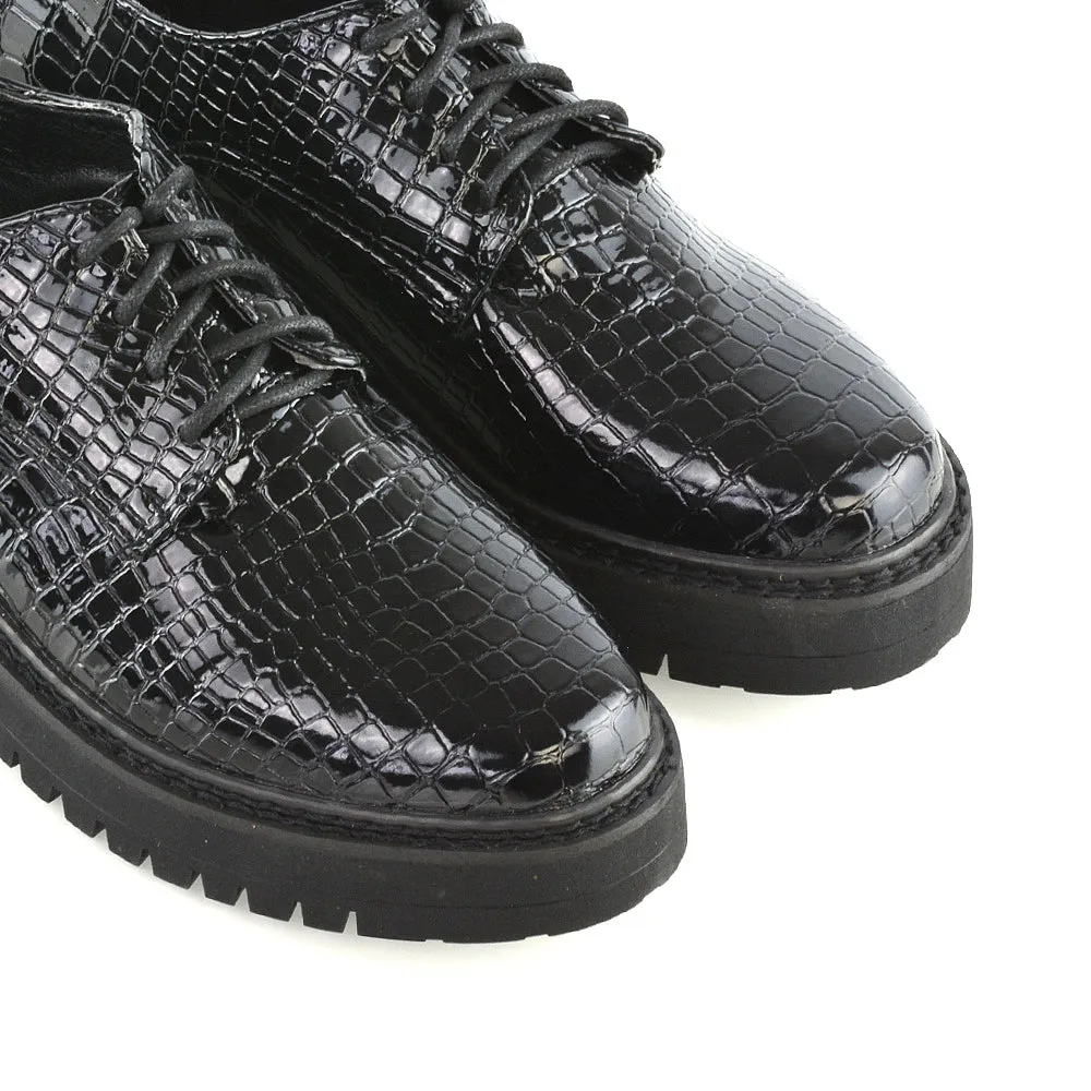Emilia Lace up Flats Chunky Sole Low Platform Block Heel Brogues in Black Croc