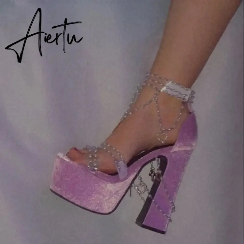Fairy Girl's Pearl Beaded Platform Chunky Sandals Beading Necklace Chains Velvet High Heels Crystal Tassel One Line Lolita Shoes