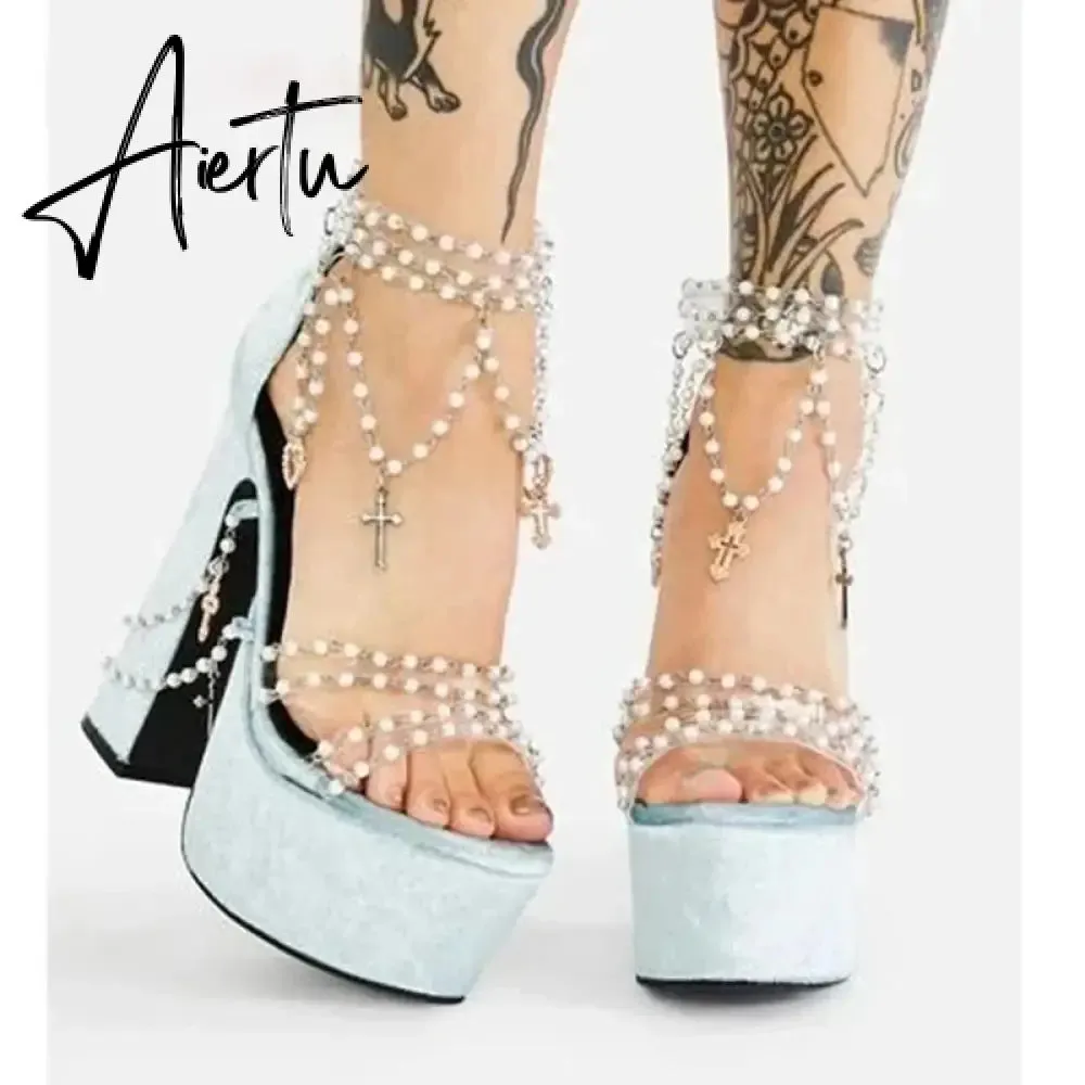 Fairy Girl's Pearl Beaded Platform Chunky Sandals Beading Necklace Chains Velvet High Heels Crystal Tassel One Line Lolita Shoes