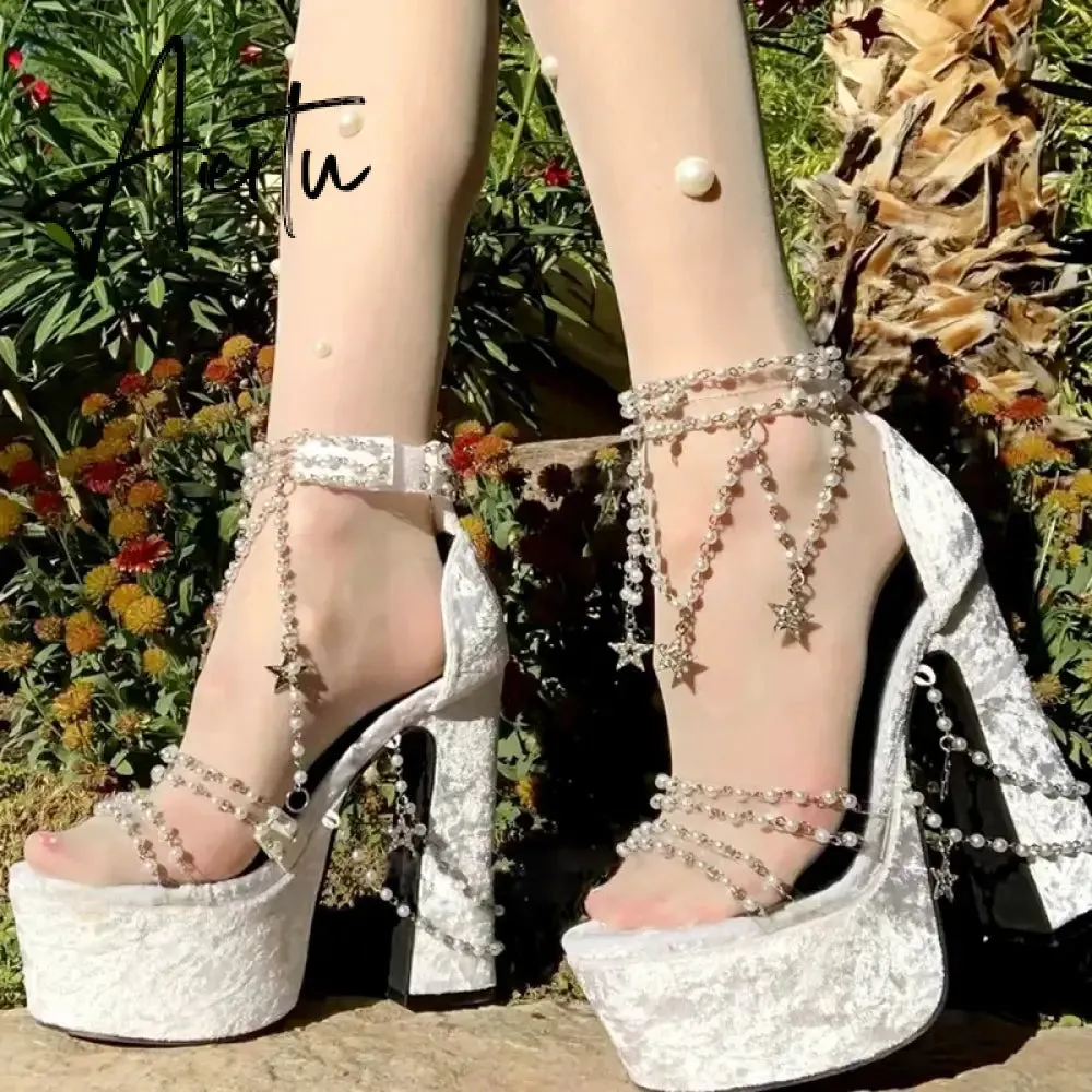 Fairy Girl's Pearl Beaded Platform Chunky Sandals Beading Necklace Chains Velvet High Heels Crystal Tassel One Line Lolita Shoes