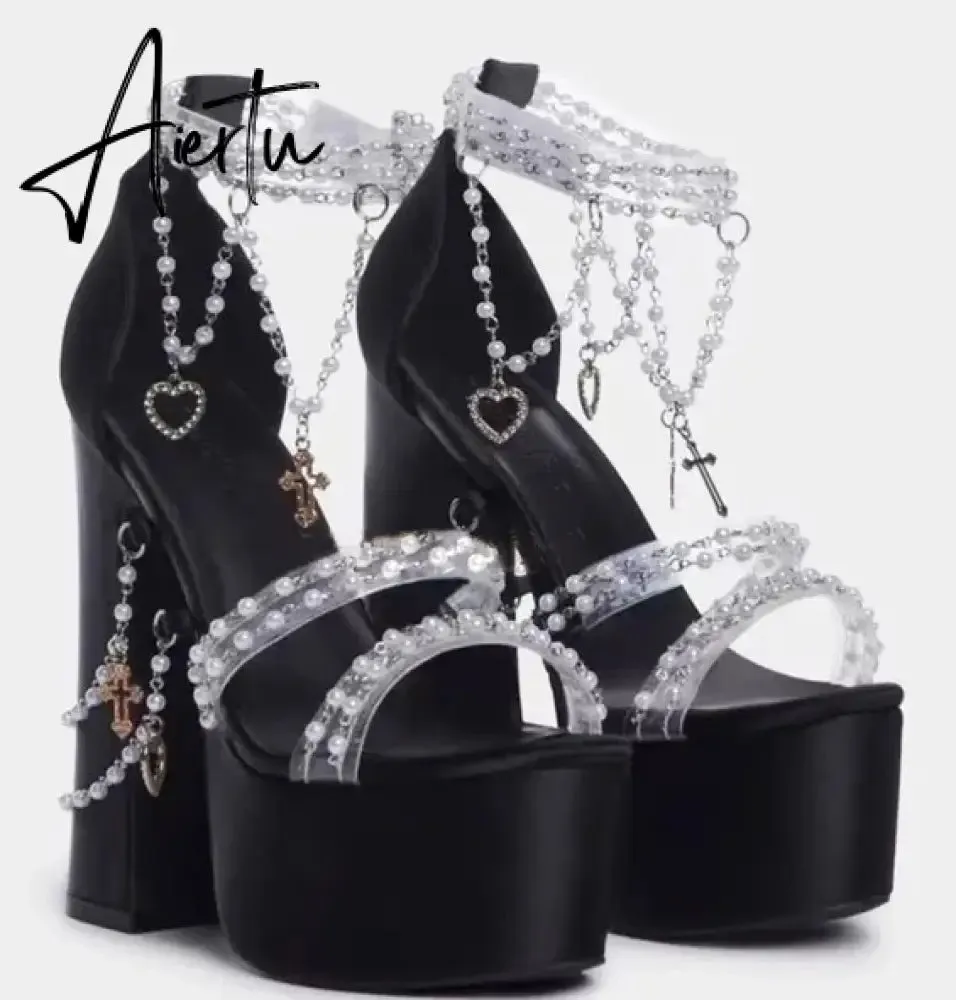 Fairy Girl's Pearl Beaded Platform Chunky Sandals Beading Necklace Chains Velvet High Heels Crystal Tassel One Line Lolita Shoes