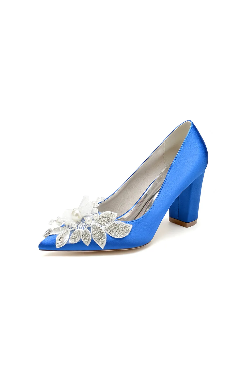 Floral Beaded Pointed Toe Chunky Heel