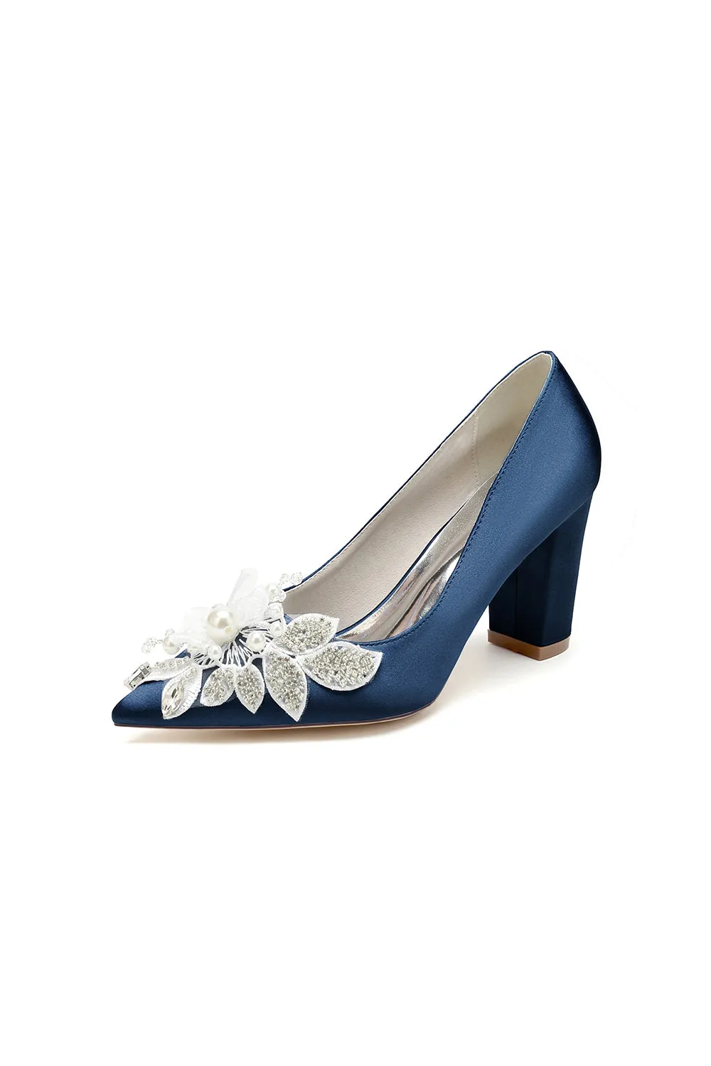 Floral Beaded Pointed Toe Chunky Heel