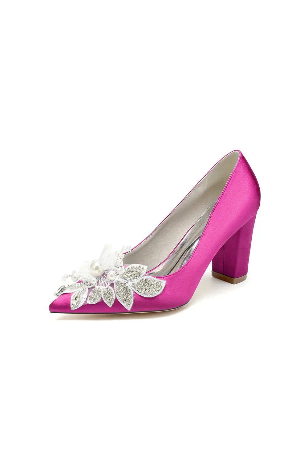 Floral Beaded Pointed Toe Chunky Heel