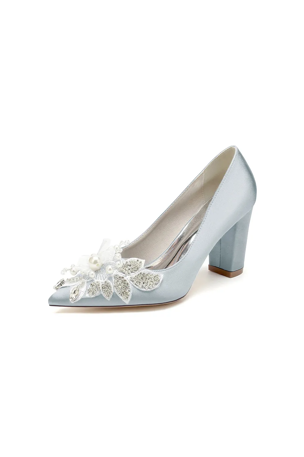 Floral Beaded Pointed Toe Chunky Heel