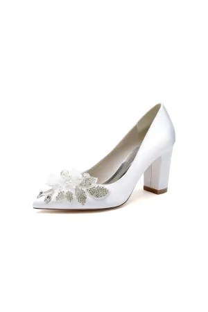 Floral Beaded Pointed Toe Chunky Heel