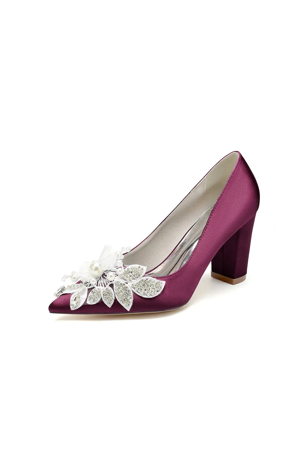 Floral Beaded Pointed Toe Chunky Heel