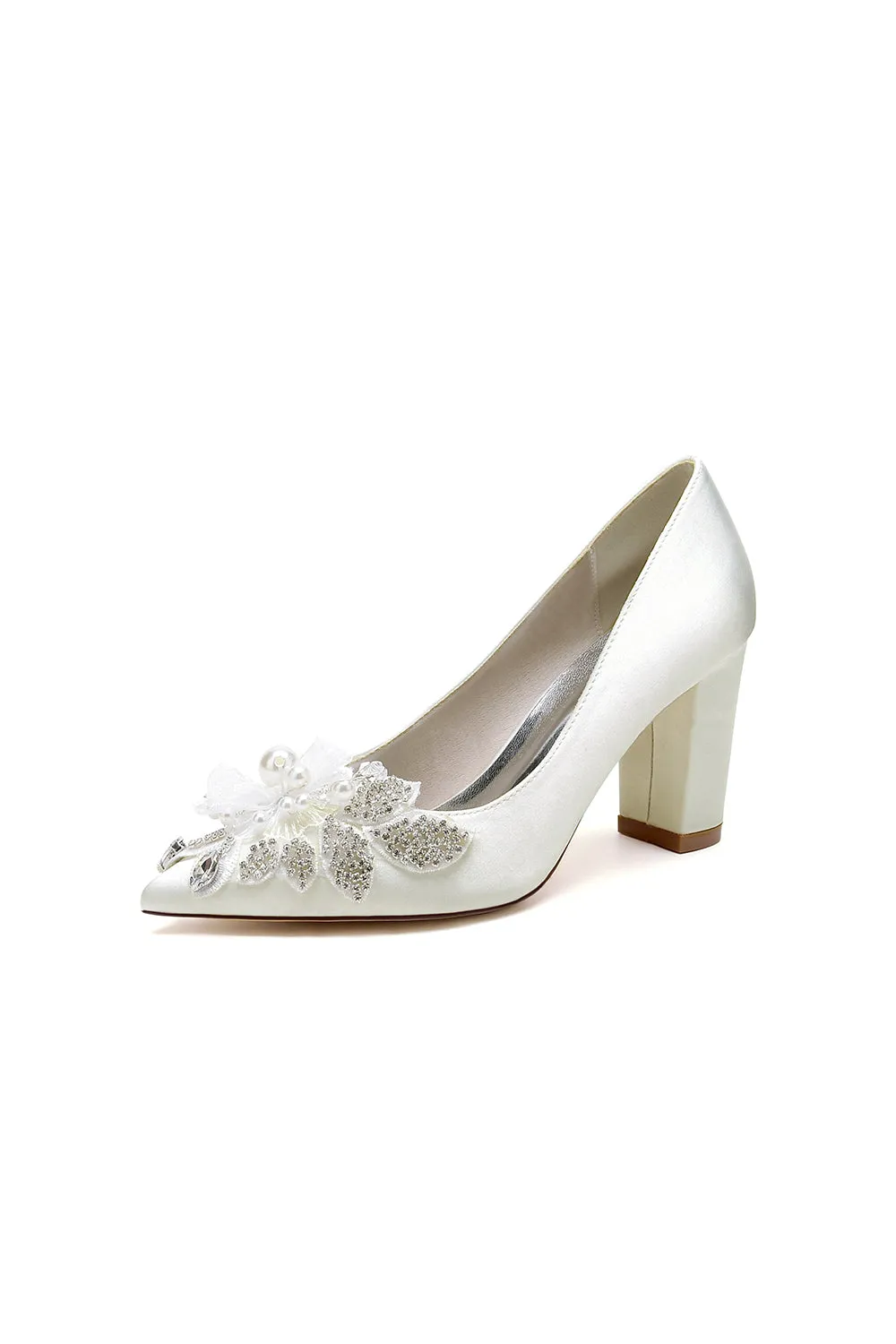 Floral Beaded Pointed Toe Chunky Heel