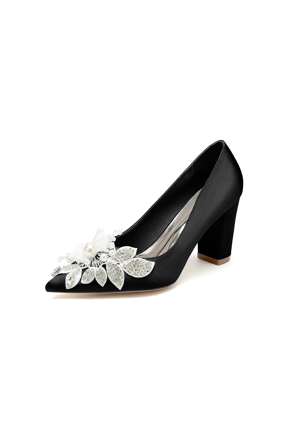 Floral Beaded Pointed Toe Chunky Heel