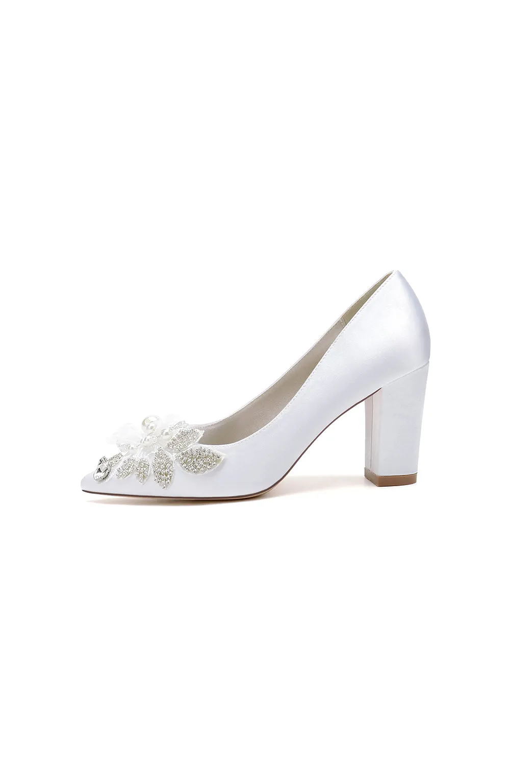 Floral Beaded Pointed Toe Chunky Heel